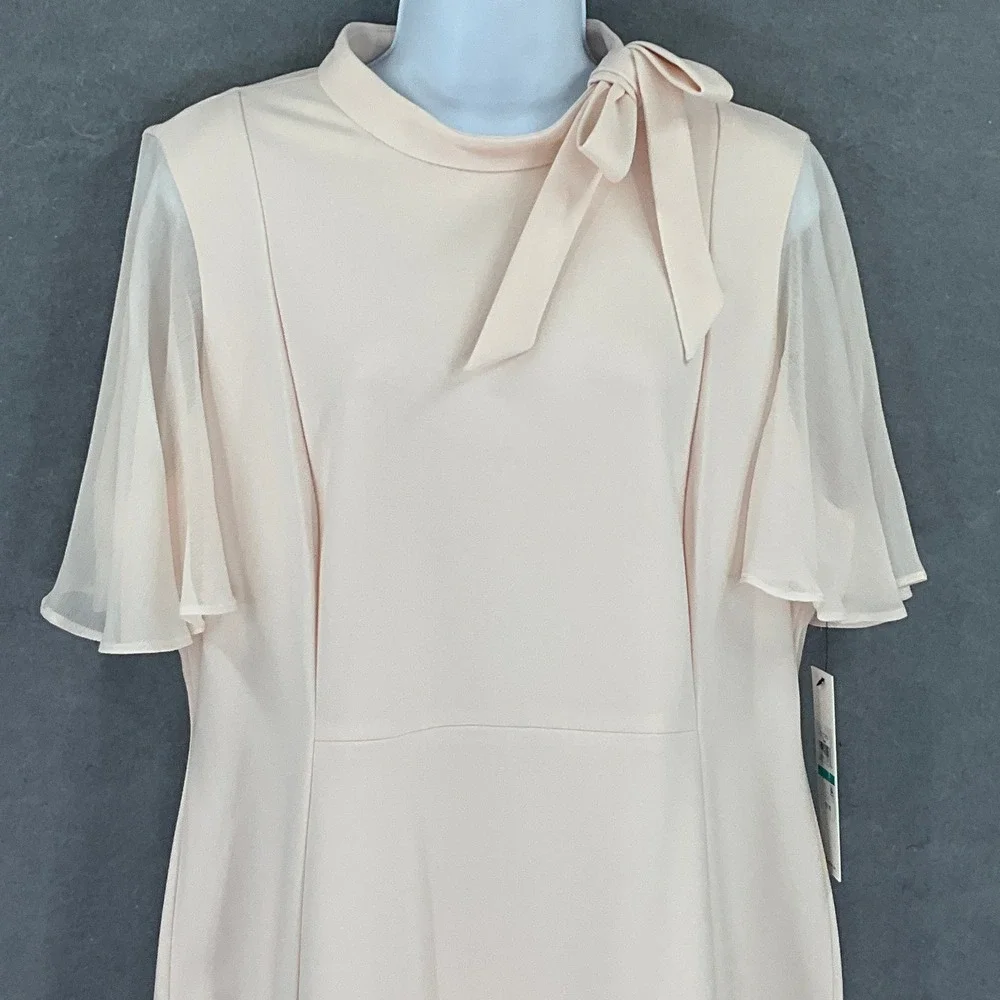 Calvin Klein Dress Women's Sz 16 Sheer Sleeve Mock Neck Bow‎ Blush Pink Formal - Picture 4 of 15